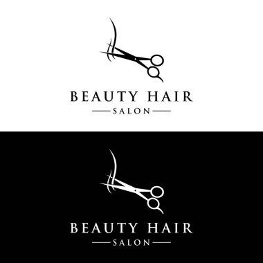 Saç dalgaları ve makas konseptli güzellik salonu logosu. İş yeri, kuaför salonu, güzellik salonu logosu..