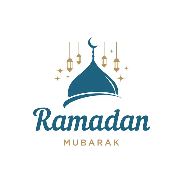 Fenerler ve camiler kavramına sahip Ramazan Mübarek logosu tasarımı. Selamlar, iş dünyası ve Müslümanlar için logo.