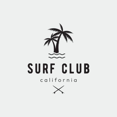 Yaz Sörfü Kaliforniya antika logosu üzerinde sörf tahtası ve dalga konsepti. Etiket logosu, yaz tatili, iş, rozet..