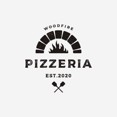 Retro vintage pizza ya da çapraz küreklerle pizza logosu tasarımı. İş, restoran, etiket ve rozetler için logo.