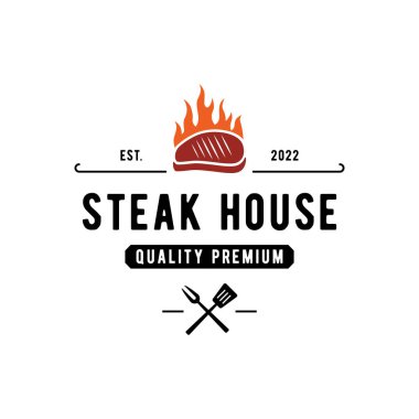 Retro vintage biftek evi logosu. İş için logo, restoran, etiket, rozet. Kaliteli etle.