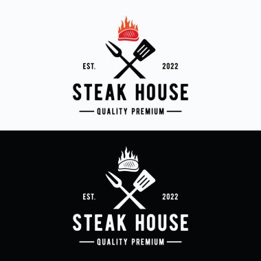 Retro vintage biftek evi logosu. İş için logo, restoran, etiket, rozet. Kaliteli etle.
