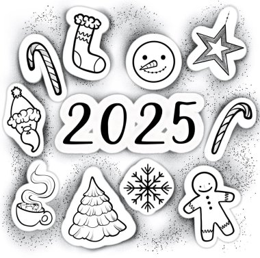 2025 yılbaşı çıkartmaları. Beyaz arkaplanda siyah beyaz versiyonu