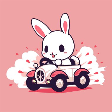 Pembe arka planda araba kullanan bir tavşan..