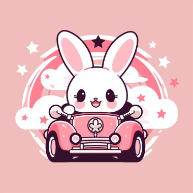 Üstünde yıldız olan bir araba süren sevimli bir tavşan..