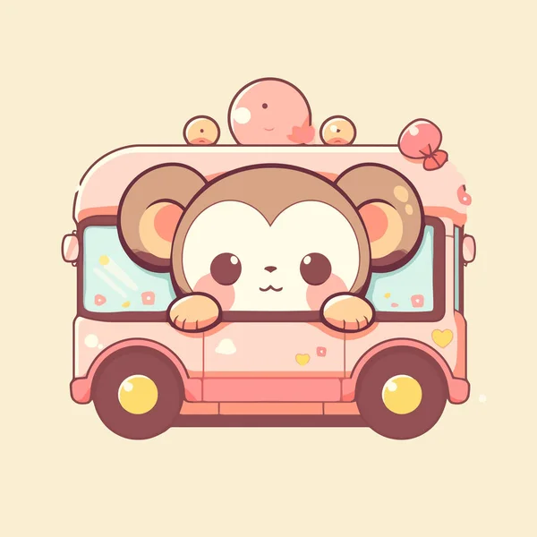 Personagem Desenho Animado Bonito Macaco Caminhão Sorvete Rosa — Vetor de Stock