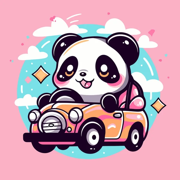 Ein Cartoon Panda Fährt Ein Auto Mit Rosa Hintergrund — Stockvektor
