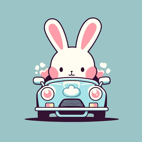 Mavi arka planı olan bir arabayı kullanan bir çizgi film tavşanı..