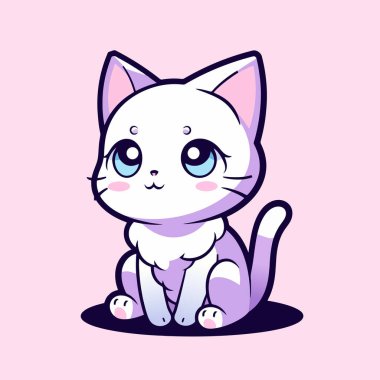 Mavi gözlü bir çizgi film kedisi pembe arka planda oturur..