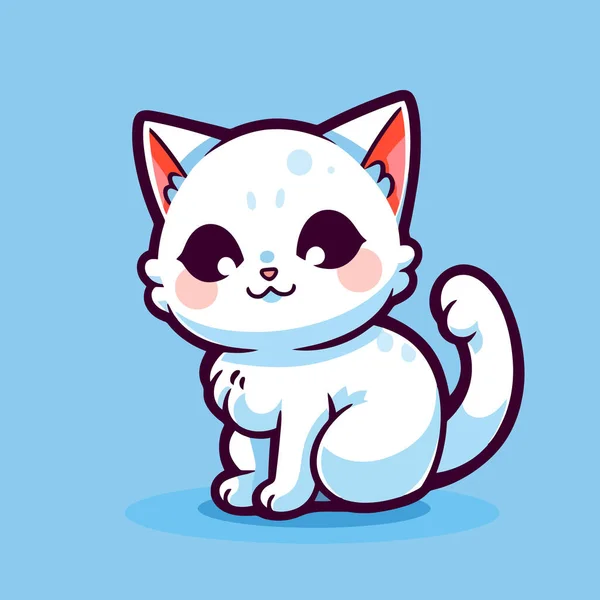 一只黑眼睛的白猫坐在蓝色背景上的漫画 — 图库矢量图片