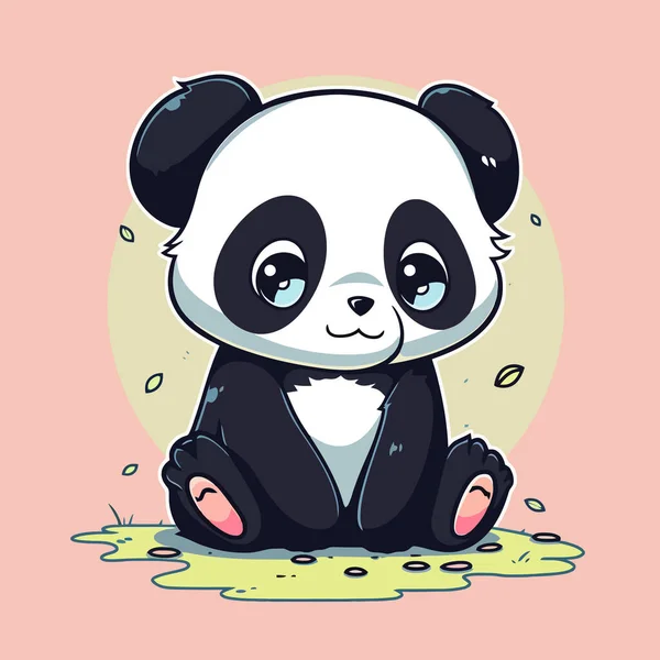 一只蓝眼睛的卡通熊猫坐在水坑上 — 图库矢量图片