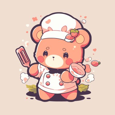 Sevimli bir oyuncak ayı şef şapkası takıyor ve elinde bir spatula tutuyor.