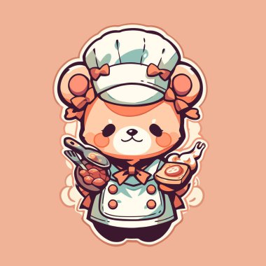 Şef şapkası ve spatulası olan sevimli bir çizgi roman faresi.