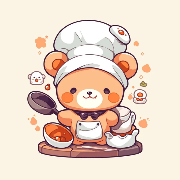 Küçük sevimli bir ayı Japon mutfağında yemek pişiriyor.