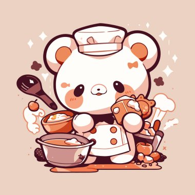 Bir çizgi film ayısı mutfakta yemek pişiriyor..