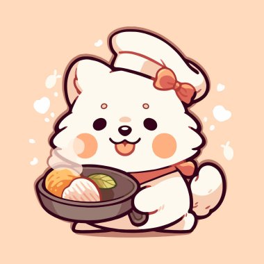 Şef şapkası takan bir köpeğin elinde bir tabak suşi tutan bir karikatürü..