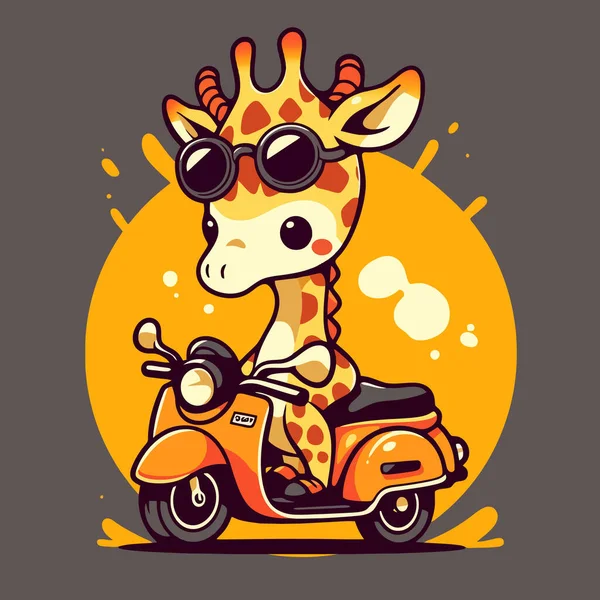 Bir zürafa kasklı ve gözlüklü bir scooter sürüyor..