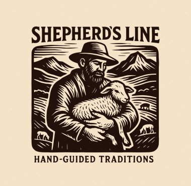 Dağ otlağında kuzu besleyen erkek çobanın klasik ahşap çizimi.