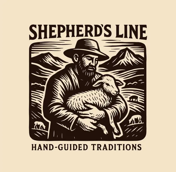 Dağ otlağında kuzu besleyen erkek çobanın klasik ahşap çizimi.