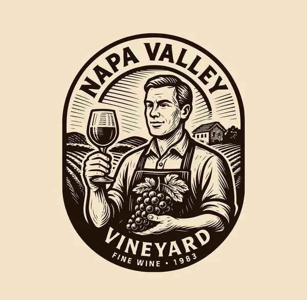 Napa Vadisi üzüm bağındaki adamın elinde kırmızı şarap ve üzüm demeti olan eski bir resmi.