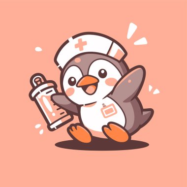 Şirin Penguen Hemşire Büyük İlaç Şırıngası Tutuyor