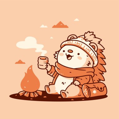 Kirpi Sıcak içecek kışıyla Kamp ateşinin tadını çıkarıyor