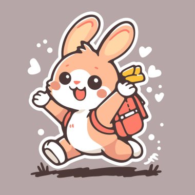 Okul çantasıyla koşan sevimli tavşancık.