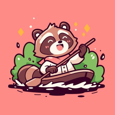 Rakun Kürek Çeken Kano Suyun Üzerinde Kürek Çekiyor