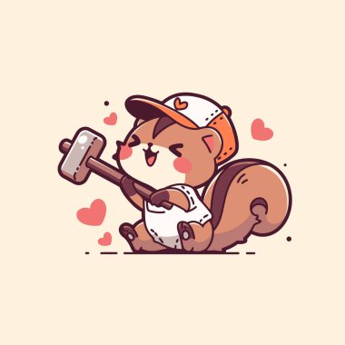 Çekiç ve Beyzbol Şapkalı Mutlu Sincap