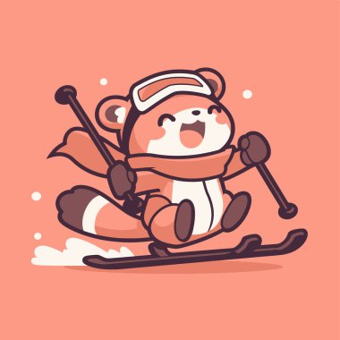 Karlı yamaçlarda kayak yapan mutlu rakunlar.