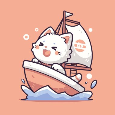 Mutlu Beyaz Kedi Yelkenli Küçük Tekne Neşeyle