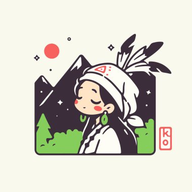 Bir Dağ Manzarasında Yerli Amerikan Chibi Karakteri