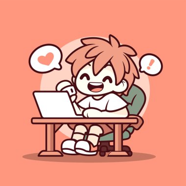 Dizüstü bilgisayarı olan, gülümseyen ve internette gezen bir çocuk.