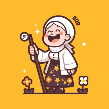 Sevimli çizgi film yaşlı kadın. Elinde asası ve çiçekleri var.