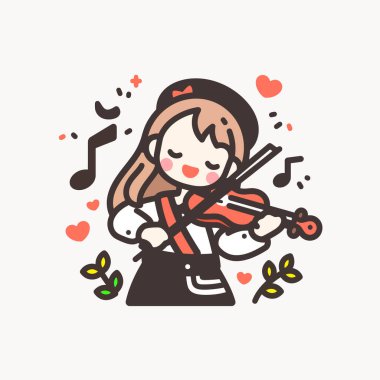 Müzik notaları ve kalplerle keman çalan tatlı bir kız.