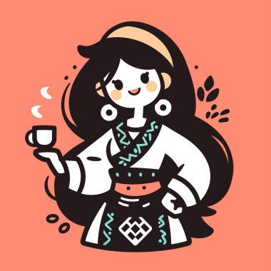 Geleneksel Giyimli Tibetli Kadın Çay Fincanı Tutuyor