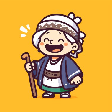 Yürüyen Sopalı Büyüleyici Çizgi Film Yaşlısı Kadın