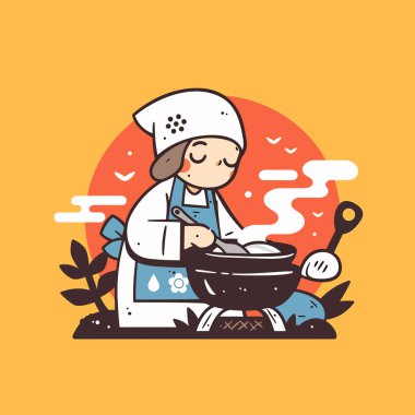 Şef tencerede yemek yapıyor.