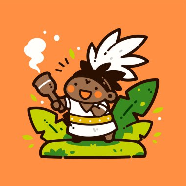 Neşeli Kızılderili çizgi film karakteri elinde meşale tutuyor..