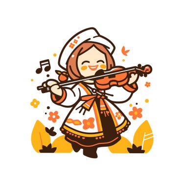 Halk kostümlü gülümseyen kız çiçek aksanı ve notalarla keman çalıyor..