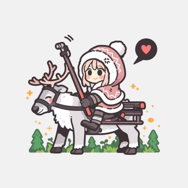 Kışın ren geyiğine binen tatlı kız.