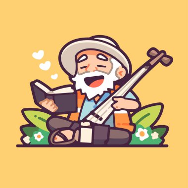 Mutlu Eski Müzisyen Okuma ve Çalma Sitar
