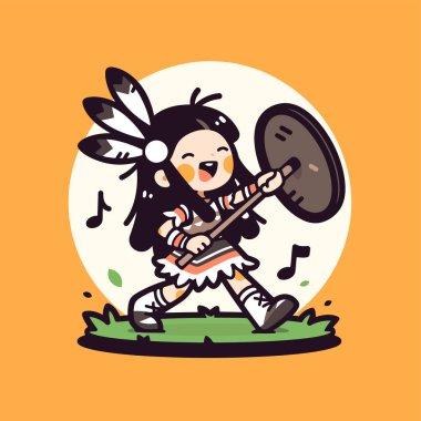 Amerikan Yerlisi Sevimli Çocuk Çizgi Film Stili Davul Çalıyor