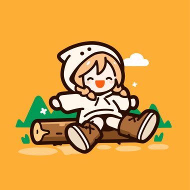 Mutlu Kız Çizgi Film Ormanında Bir Kütükte Oturuyor