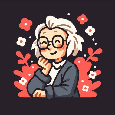 Çiçeklerle çevrili, gözlüklü, gülümseyen yaşlı kişi.