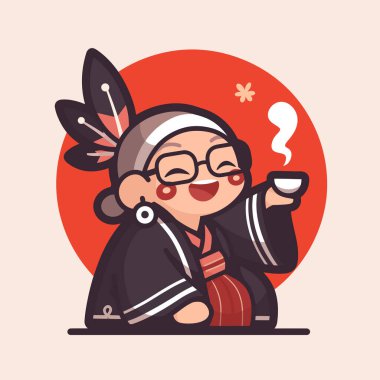 Mutlu Yaşlı Kadın Çay Çizgi Filminin tadını çıkarıyor