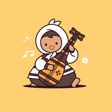 Çizgi Çocuk Sarı Arkaplanda Pipa Çalıyor