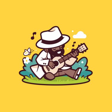 Açık havada akustik gitar çalan gitarist, karikatür tarzı.