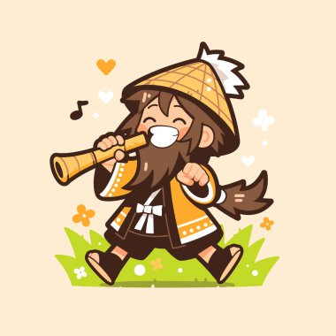 Neşeli Japon Keşiş Flüt Çalıyor - Çizgi Film İllüstrasyonu