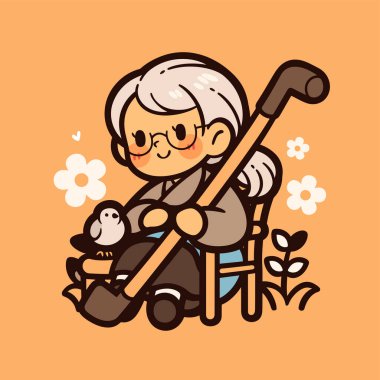 Tatlı Çizgi Film Yaşlı Kadın Kuş ve Çiçeklerle